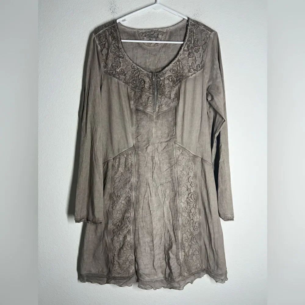 Simclau Bohemian Gray Tan patchwork Lace Mini Dress Size 42 EU/ M-L US